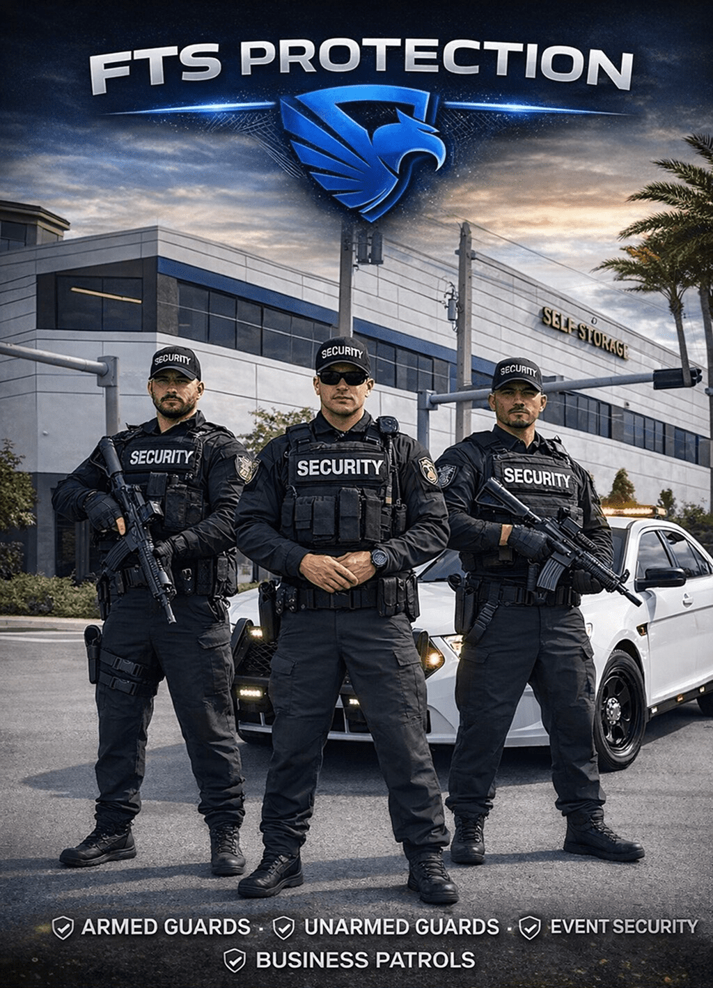 Three security guards in uniform near building.