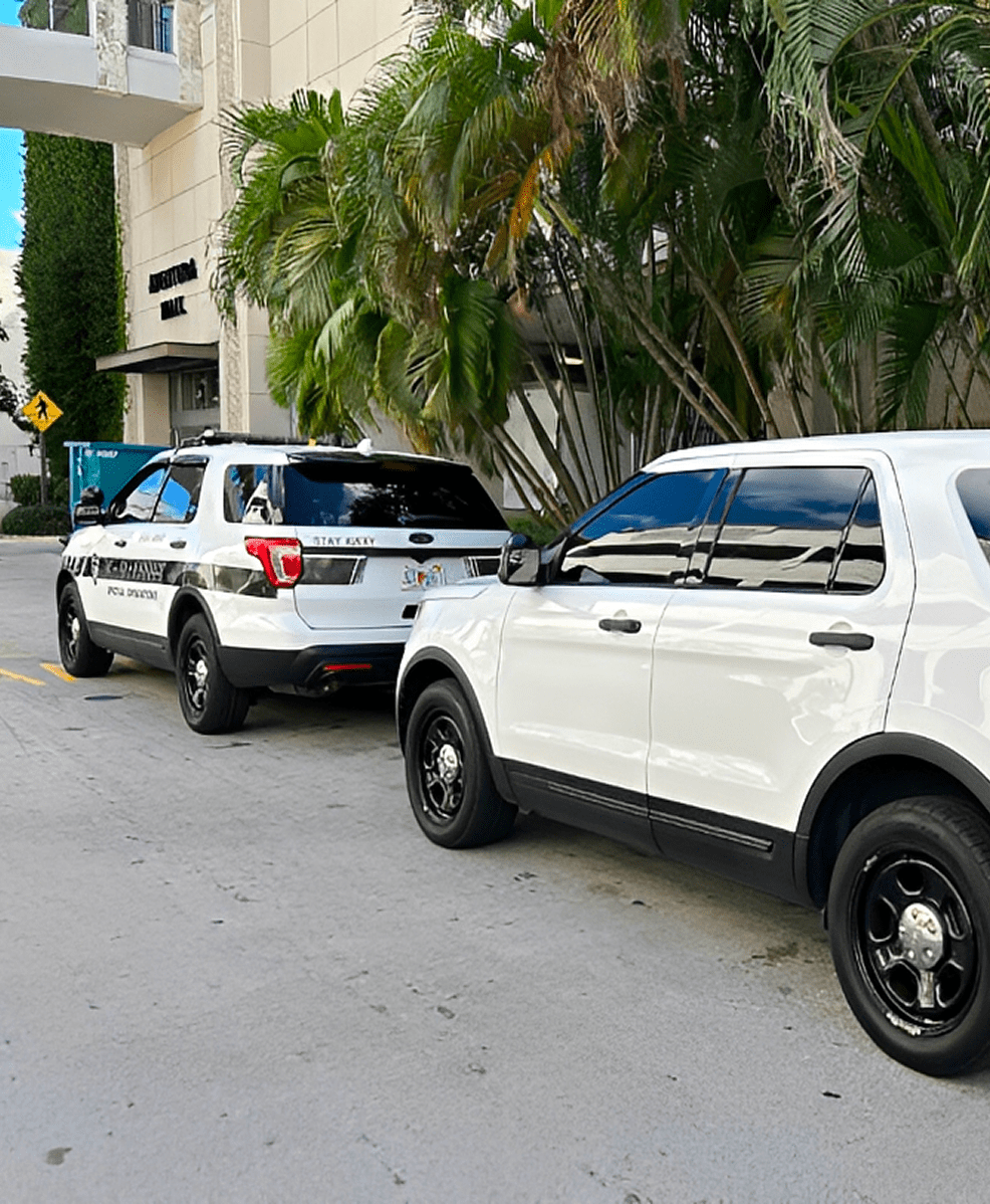 Two police SUVs parked near building.